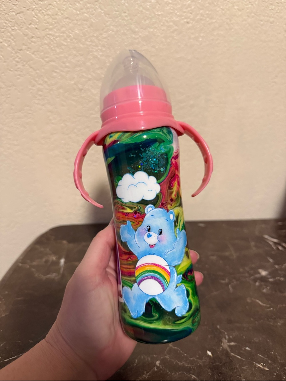 Marble Swirl Care Bears Keep Cold 12 Oz Baby Bottle Personalized Handmade